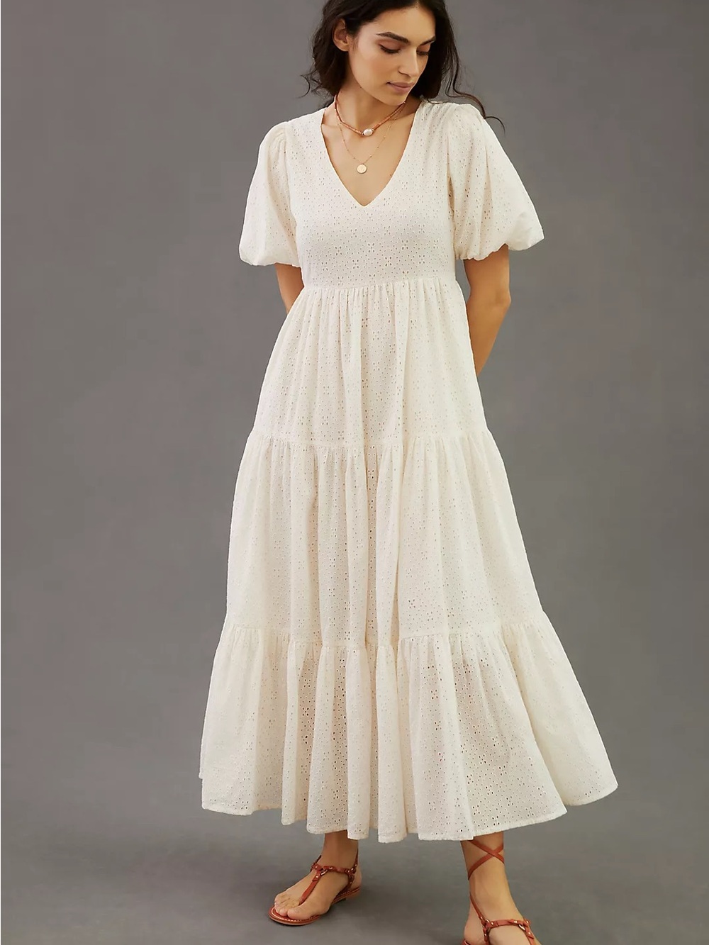 MOTHER Women’s White Eyelet Puff Sleeve V-Neck Smocked Maxi Dress Size XS